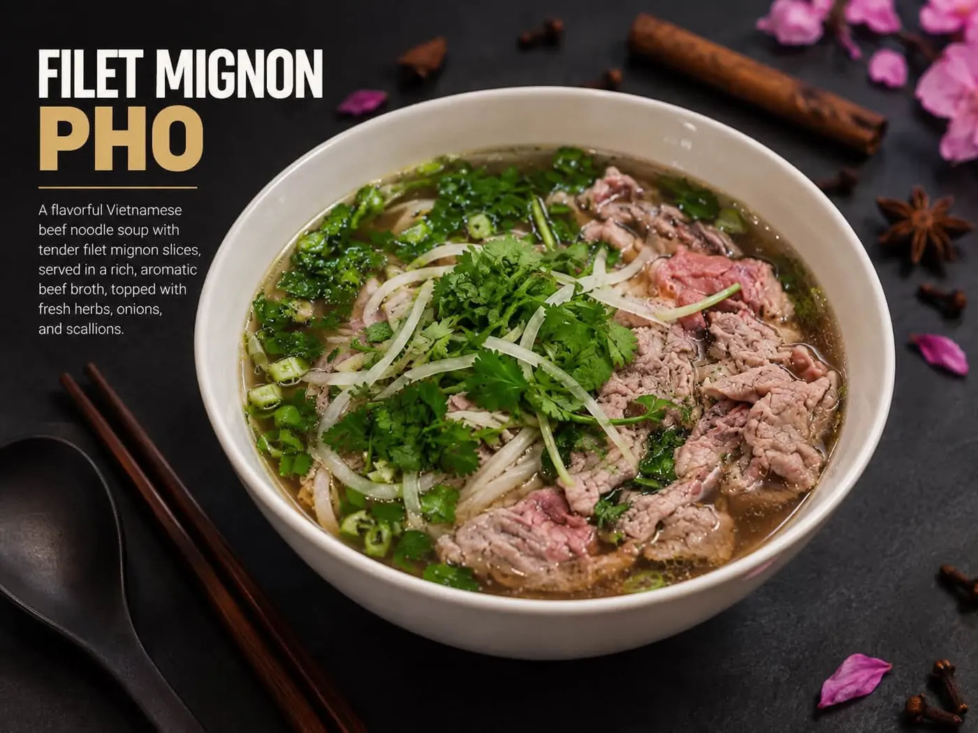 Filet mignon pho with rice noodles, onion and herbs