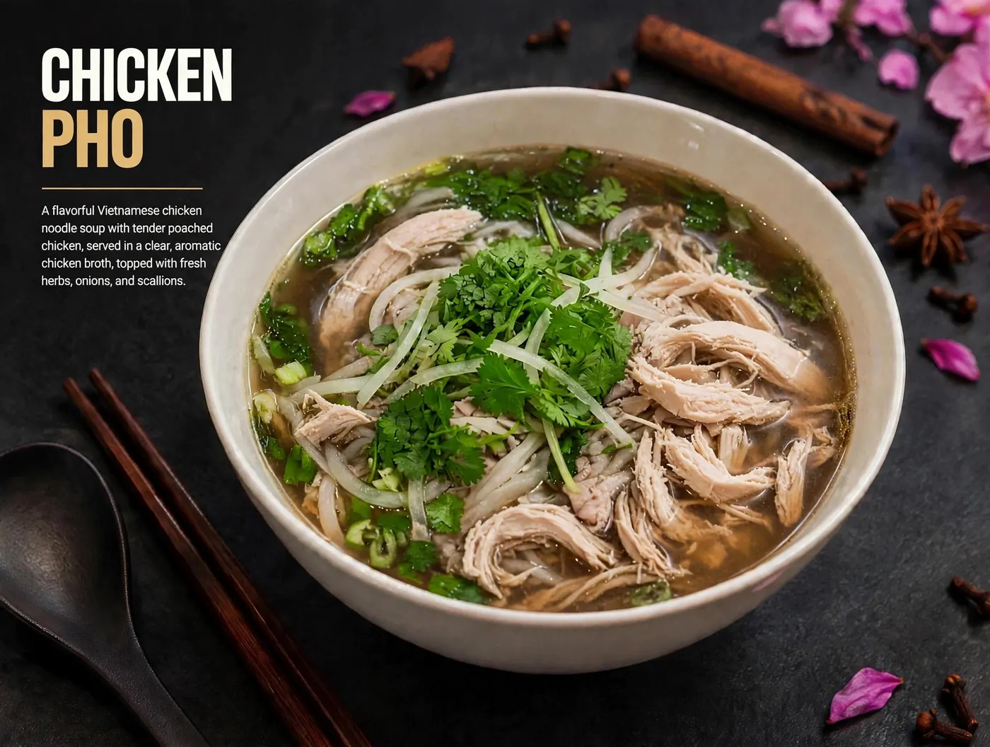 Chicken pho with shredded chicken and herbs