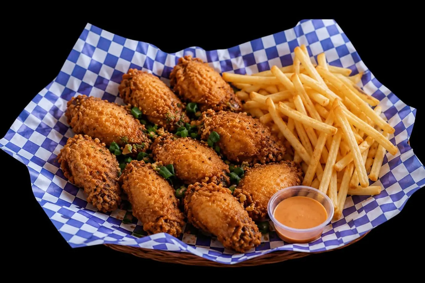 Crispy chicken wings with seasoned fries