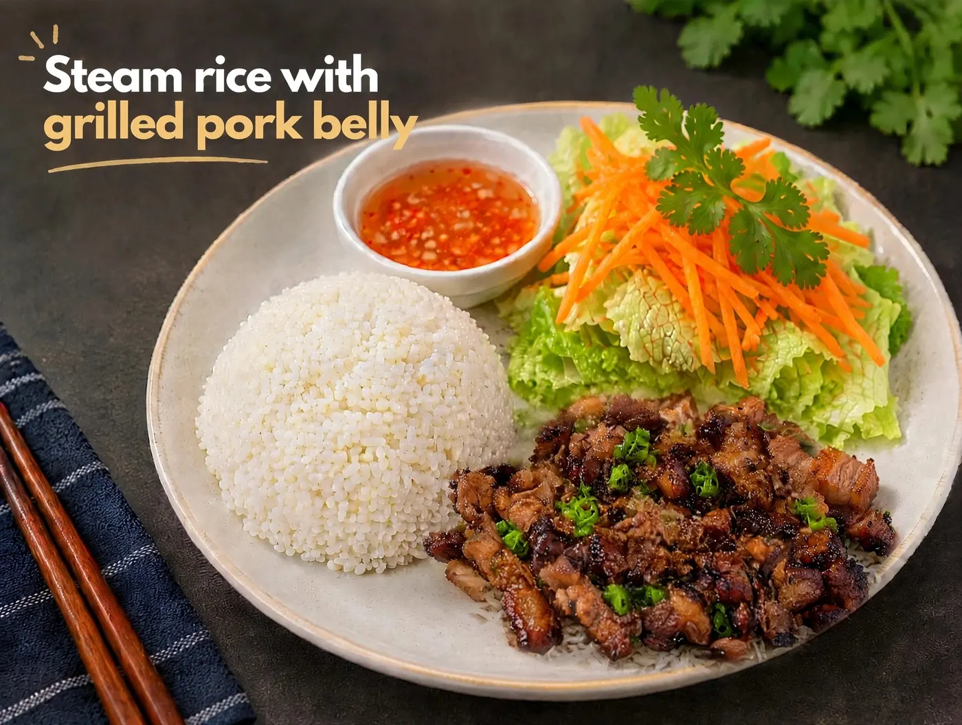 Rice plate with grilled pork belly and vegetables