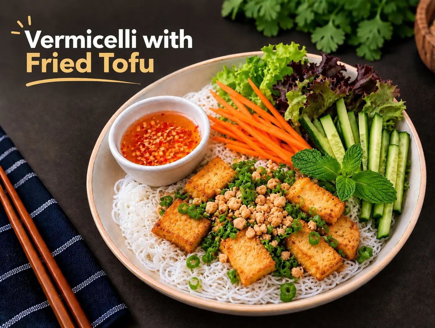 Vermicelli bowl with fried tofu and fresh vegetables